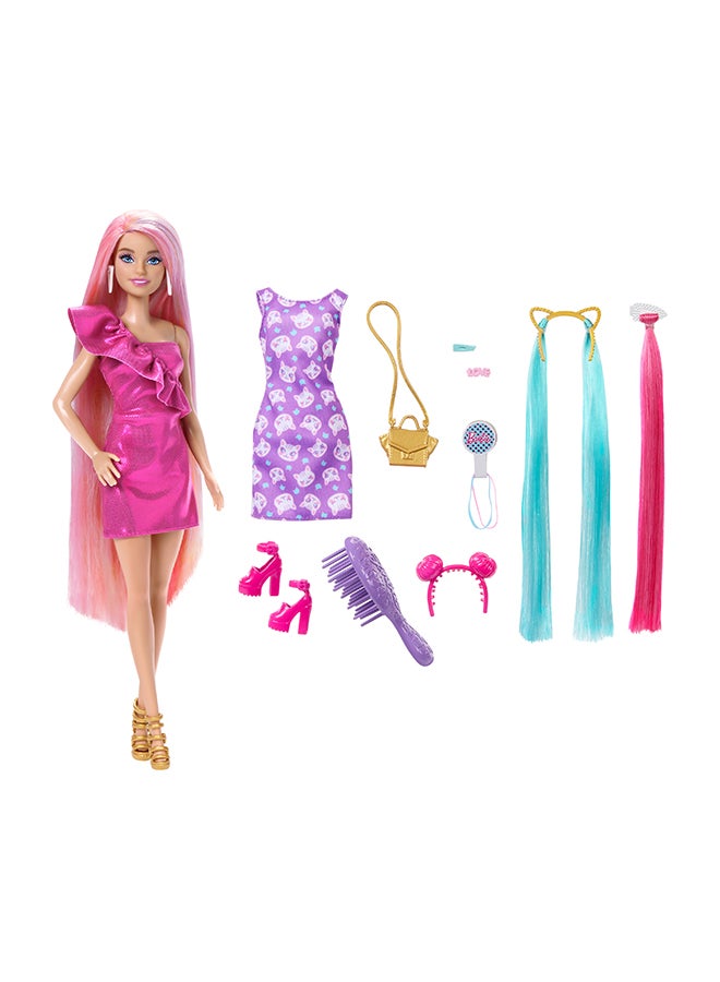 Barbie Fun & Fancy Hair Doll with Extra-Long Colorful Blonde Hair and Styling Accessories - Image 3