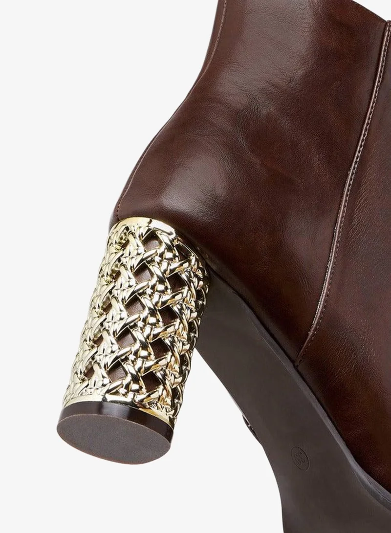 Flora Bella By Shoexpress  Solid Ankle Boots with Metallic Block Heels for Women | Best Price UAE