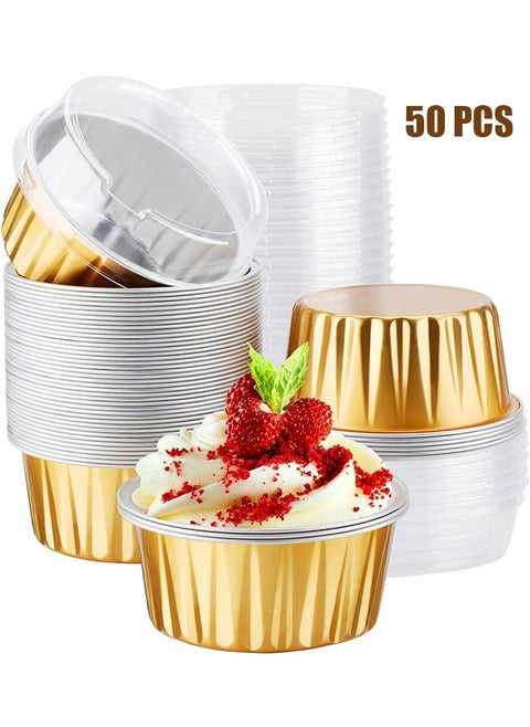 Disposable Ramekins, 50pcs 5oz Mini Aluminium Foil Baking Cups with Lids Creme Brulee Cupcake Liners, Desert Cheesecake Pans Flan Molds Tin Cups Containers for Party Favor Birthday (Gold)