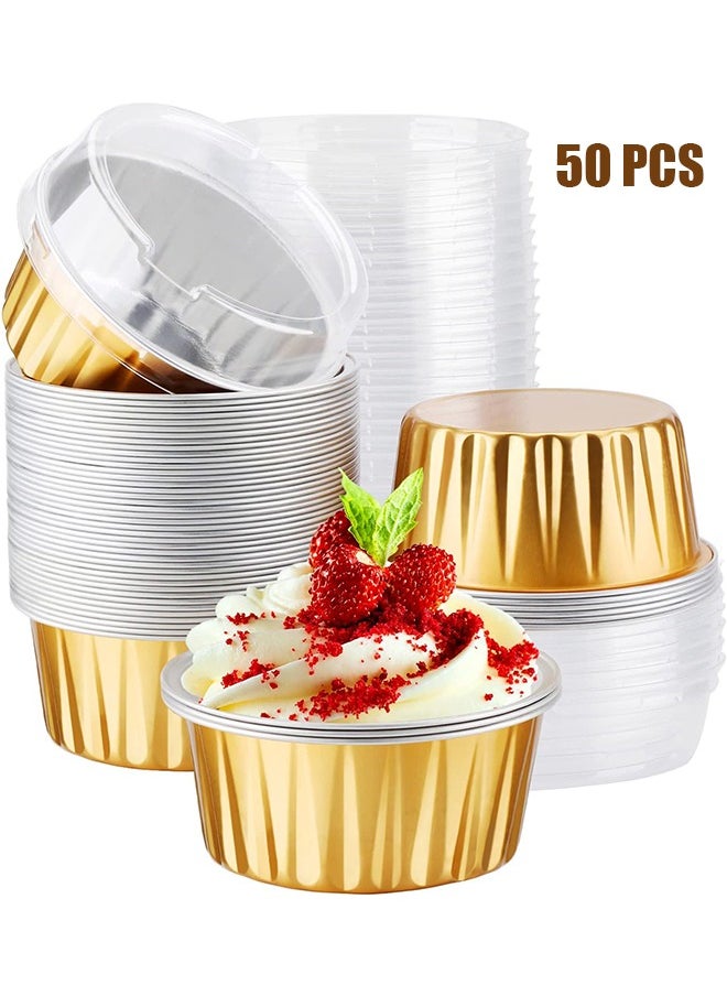 HY Disposable Ramekins, 50pcs 5oz Mini Aluminium Foil Baking Cups with Lids Creme Brulee Cupcake Liners, Desert Cheesecake Pans Flan Molds Tin Cups Containers for Party Favor Birthday (Gold)  - Image 1