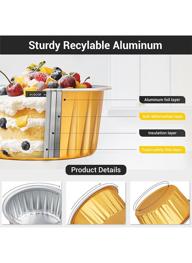 HY Disposable Ramekins, 50pcs 5oz Mini Aluminium Foil Baking Cups with Lids Creme Brulee Cupcake Liners, Desert Cheesecake Pans Flan Molds Tin Cups Containers for Party Favor Birthday (Gold)  - Image 3