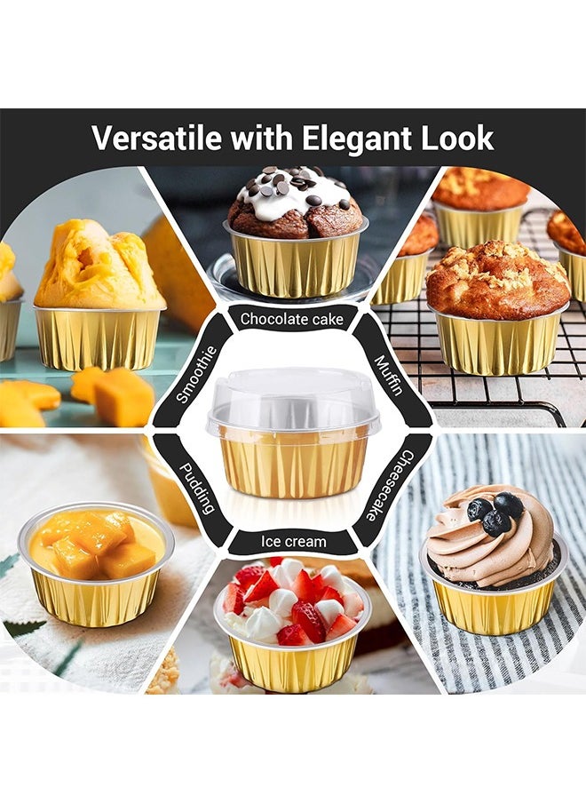 Disposable Ramekins, 50pcs 5oz Mini Aluminium Foil Baking Cups with Lids Creme Brulee Cupcake Liners, Desert Cheesecake Pans Flan Molds Tin Cups Containers for Party Favor Birthday (Gold)