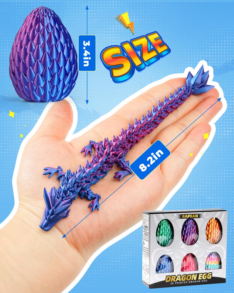 Rapean 8" 3D Printed Dragon Eggs, Easter Basket Stuffers for Kids and Teens, Articulated Dragon Toys for Children, Unique Easter Gifts for Boys & Girls (6Pack) - Image 2