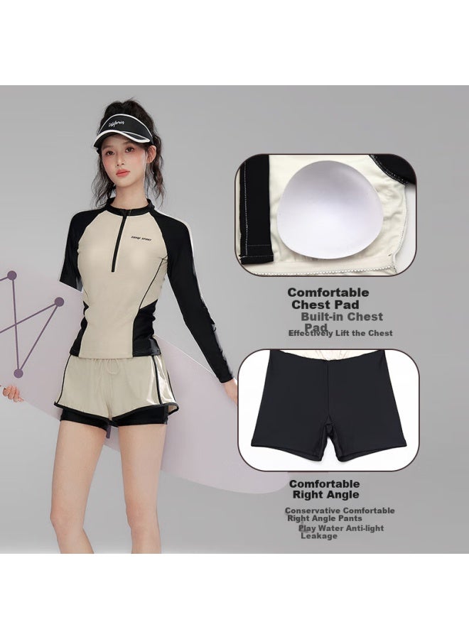 Sanqi Women's Long Sleeve Plus Size Swimsuit For Hot Springs, Tummy Control, Conservative Square Pants, Surfing, Snorkeling, Swimming Suit L - Image 1