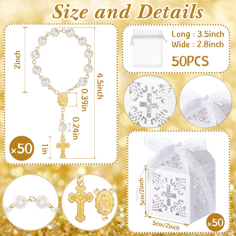 Bonuci 50 Packs Baptism Favors Set Includes Ivory Acrylic Rosary Beads Faux Pearls White Organza Bags with Drawstring Recuerdo De Boda Y Bautizo for Christening Wedding Supplies (Gold Bracelet) - Image 2