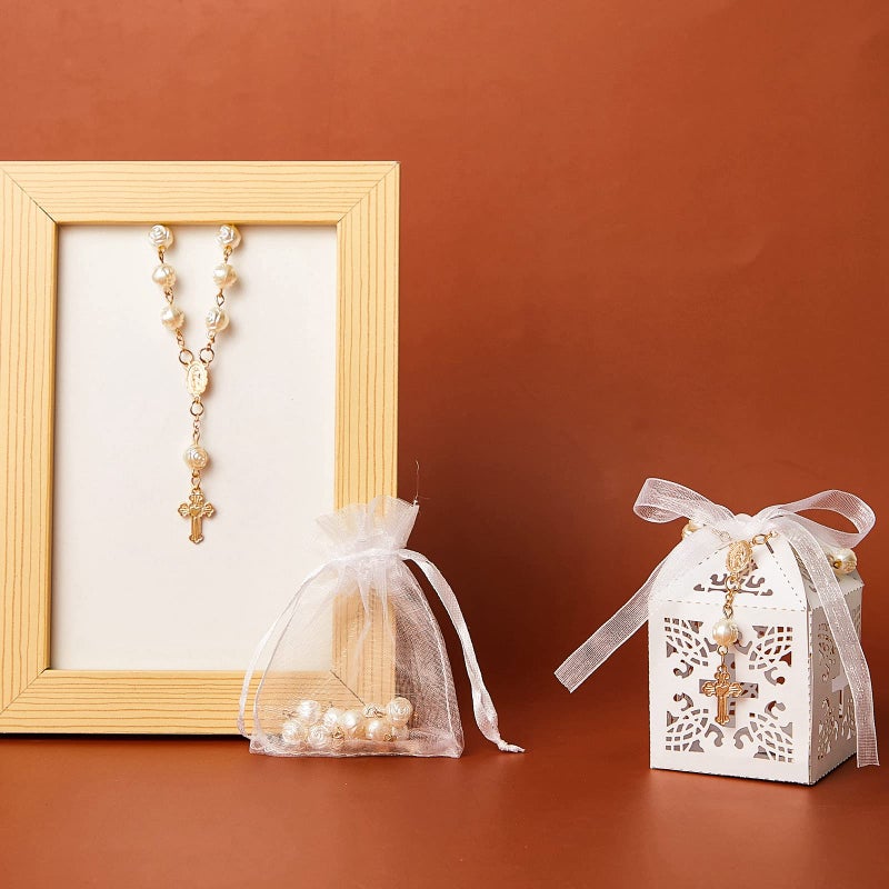 Bonuci 50 Packs Baptism Favors Set Includes Ivory Acrylic Rosary Beads Faux Pearls White Organza Bags with Drawstring Recuerdo De Boda Y Bautizo for Christening Wedding Supplies (Gold Bracelet) - Image 5