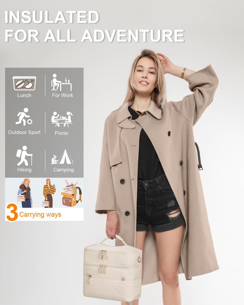 Capolo Lunch Box for Women Men Adults,Double Deck Insulated Lunch Bag Leakproof Lunch Cooler Box with Removable Strap Lunch Tote Bags Reusable Thermal Lunchbox for School Work Picnic(Large,Beige) - Image 2