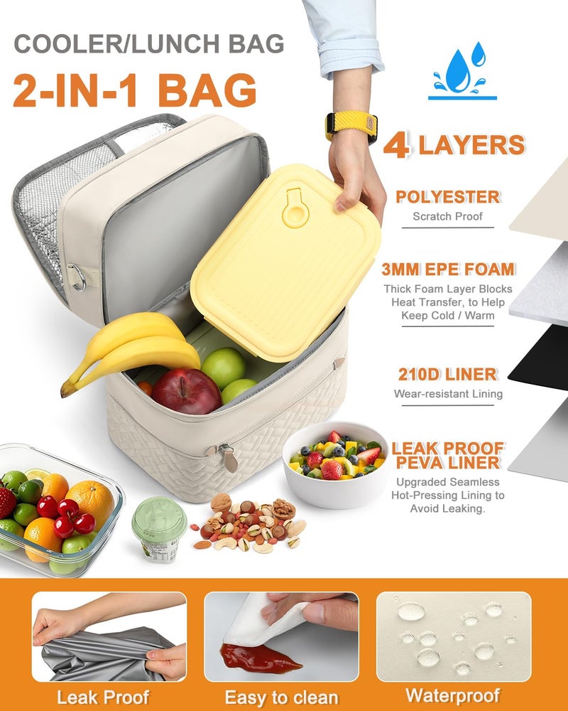 Capolo Lunch Box for Women Men Adults,Double Deck Insulated Lunch Bag Leakproof Lunch Cooler Box with Removable Strap Lunch Tote Bags Reusable Thermal Lunchbox for School Work Picnic(Large,Beige) - Image 5
