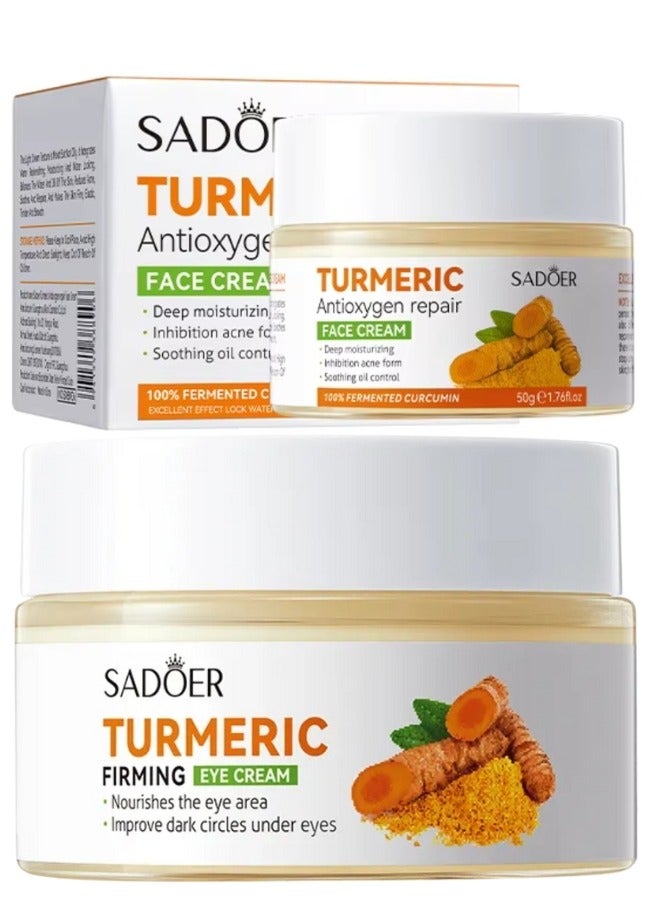 SADOER كريم الوجه المضاد للأكسدة بالكركم وكريم العين الم firming (50 جرام + 20 جرام) ترطيب عميق تهدئة التحكم في الزيت مغذي تحسين الهالات السوداء تحت العينين كريم وكريم للوجه للنساء والرجال - Image 1