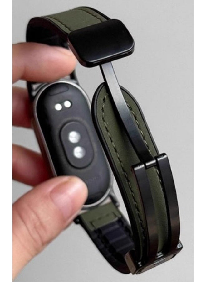OLYSON Slim Leather Magnetic Band for Huawei Band 11/11 Pro, Adjustable Sport Strap with Silicone Lining, 14mm Quick Release Connector, Dark Green Matte Finish - Image 2