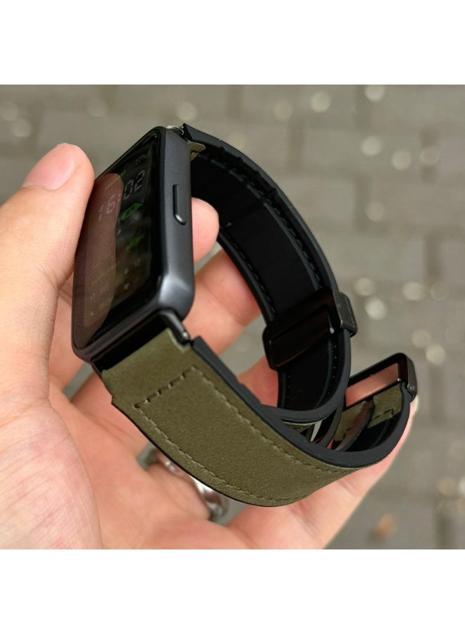 OLYSON Slim Leather Magnetic Band for Huawei Band 11/11 Pro, Adjustable Sport Strap with Silicone Lining, 14mm Quick Release Connector, Dark Green Matte Finish - Image 3