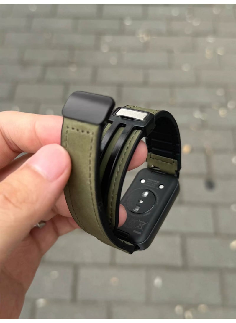 OLYSON Slim Leather Magnetic Band for Huawei Band 11/11 Pro, Adjustable Sport Strap with Silicone Lining, 14mm Quick Release Connector, Dark Green Matte Finish - Image 5