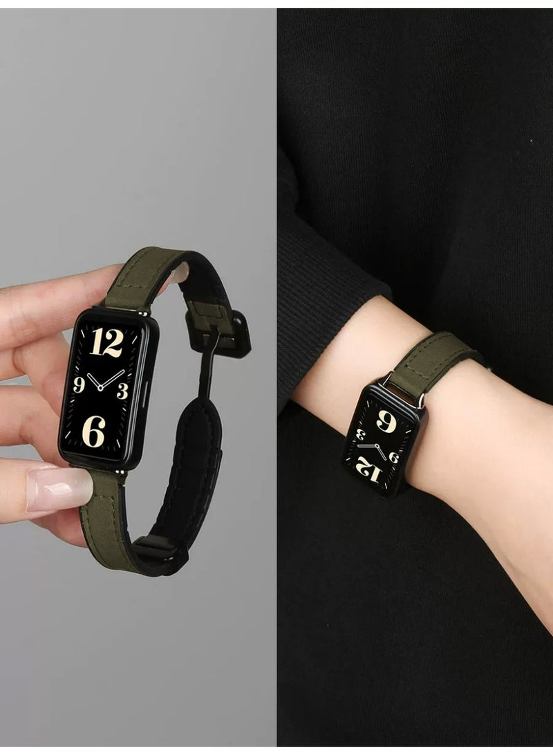 OLYSON Slim Leather Magnetic Band for Huawei Band 11/11 Pro, Adjustable Sport Strap with Silicone Lining, 14mm Quick Release Connector, Dark Green Matte Finish - Image 1
