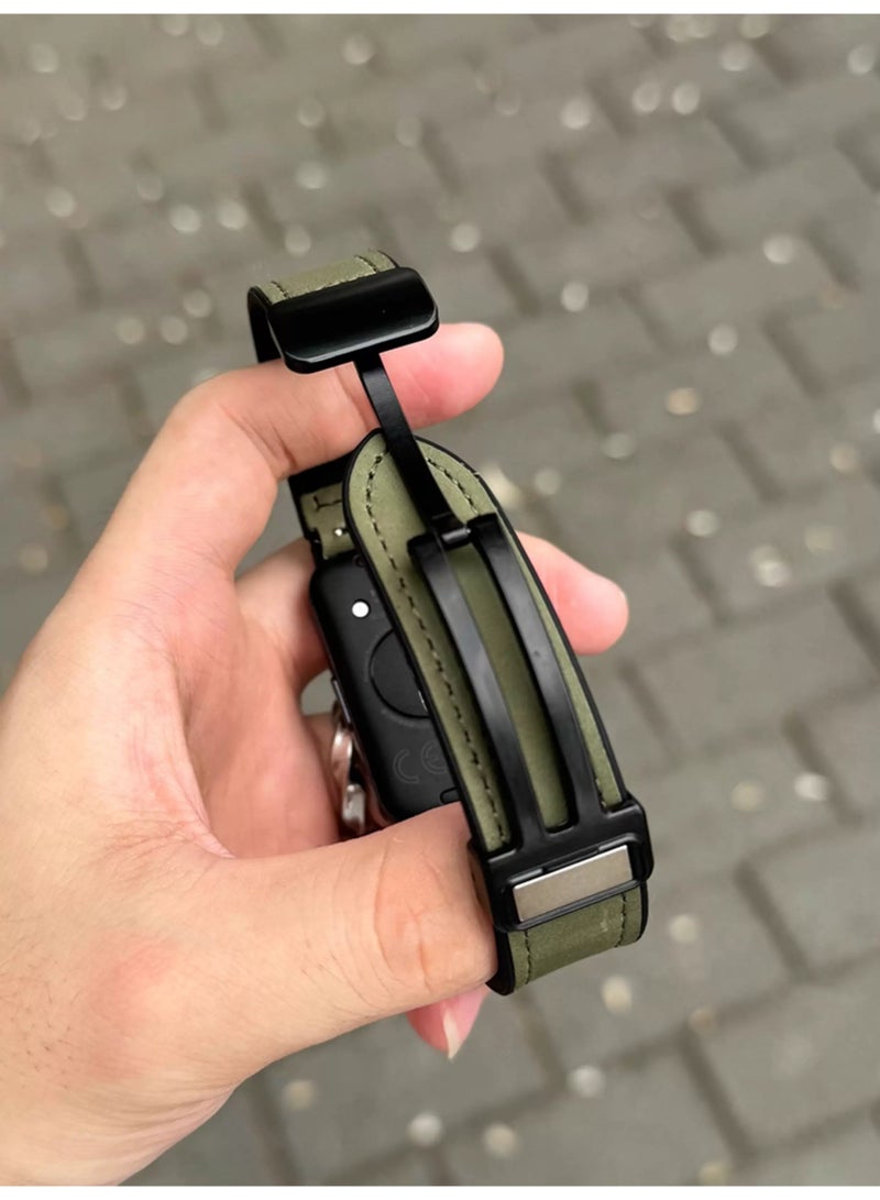 OLYSON Slim Leather Magnetic Band for Huawei Band 11/11 Pro, Adjustable Sport Strap with Silicone Lining, 14mm Quick Release Connector, Dark Green Matte Finish - Image 4