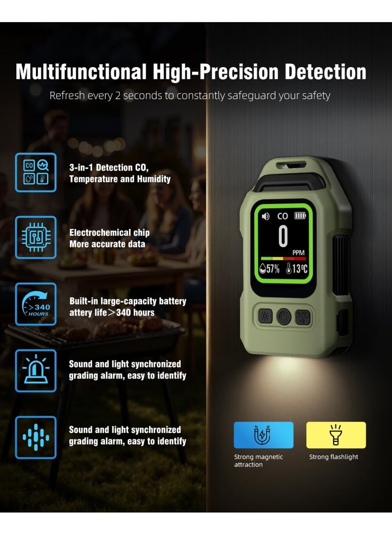 كاشف أول أكسيد الكربون المحمول ثلاثي الوظائف الخارجي، مزود بإضاءة، مع مغناطيس في الجزء الخلفي وتصميم خطاف، يتميز بمستشعرات أول أكسيد الكربون ودرجة الحرارة والرطوبة. - Image 2