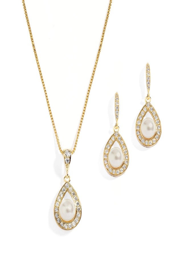 Mariell 14K Gold Plated Pearl Necklace Drop Earrings Wedding Jewelry Set for Brides, Bridesmaids, Birthday Gift - Image 1
