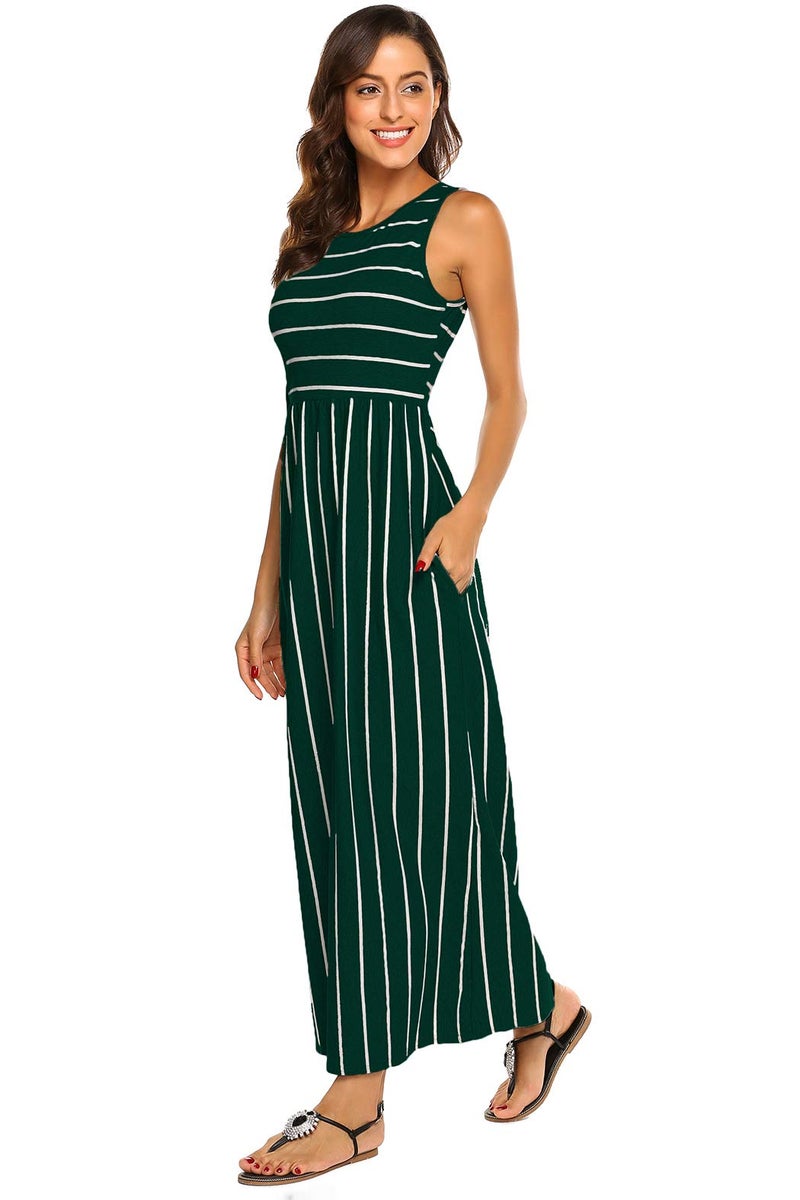 Hount Women's Summer Sleeveless Striped Flowy Casual Long Maxi Dress with Pockets (Green, Medium) - Image 3