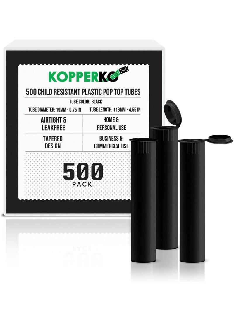 Kopperko 500 Pack 116mm Plastic Pop Top Tube - Child Resistant Pill Storage Containers for Herbs and Spices | UV and Moisture Resistant Medication Container | Airtight & Waterproof Storage | Black 