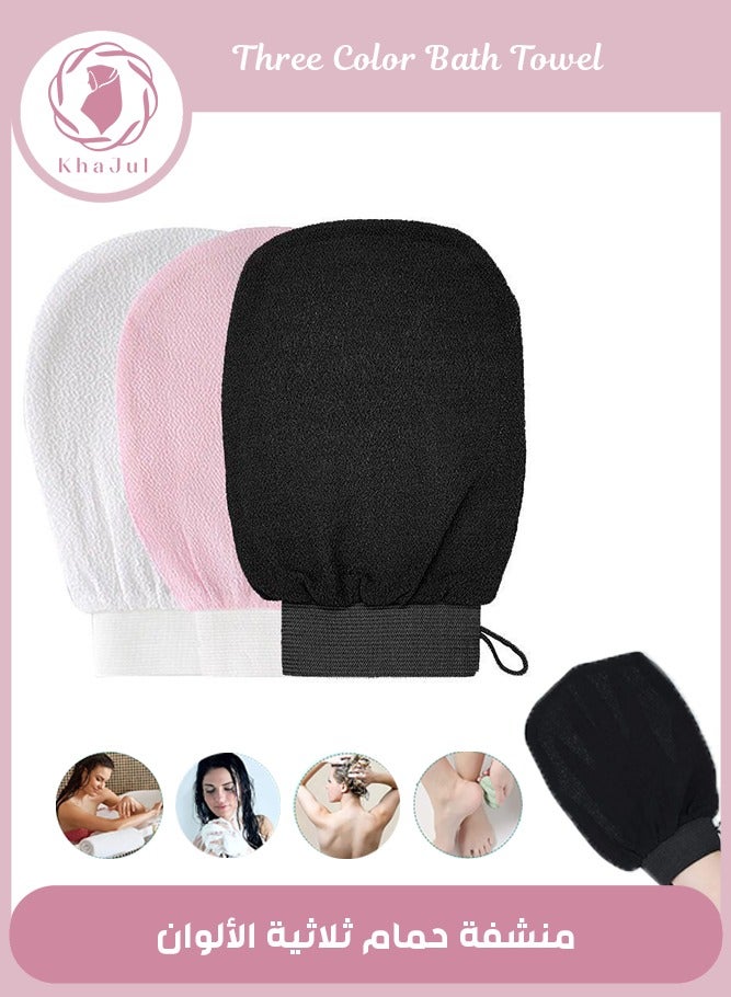 إسكدنيا مجموعة قفازات مغربية مكونة من تلاتة قطع تناسب جميع أنواع البشرة، لتقشير الجسم والبشرة وإزالة الجلد الميت وتحسين الدورة الدموية ، ويمكن استخدامها في الحمام والمنتجعات الصحية متعدد الألوان - Image 1