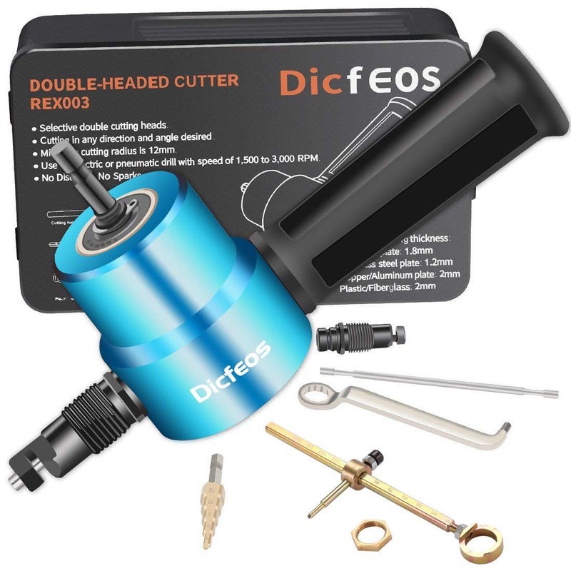 Dicfeos Double Head Metal Sheet Nibbler Cutter with Circle Cutting Accessories, Drill Attachment with Wrench and Parts, Maximum 14 Gauge Steel - Image 1