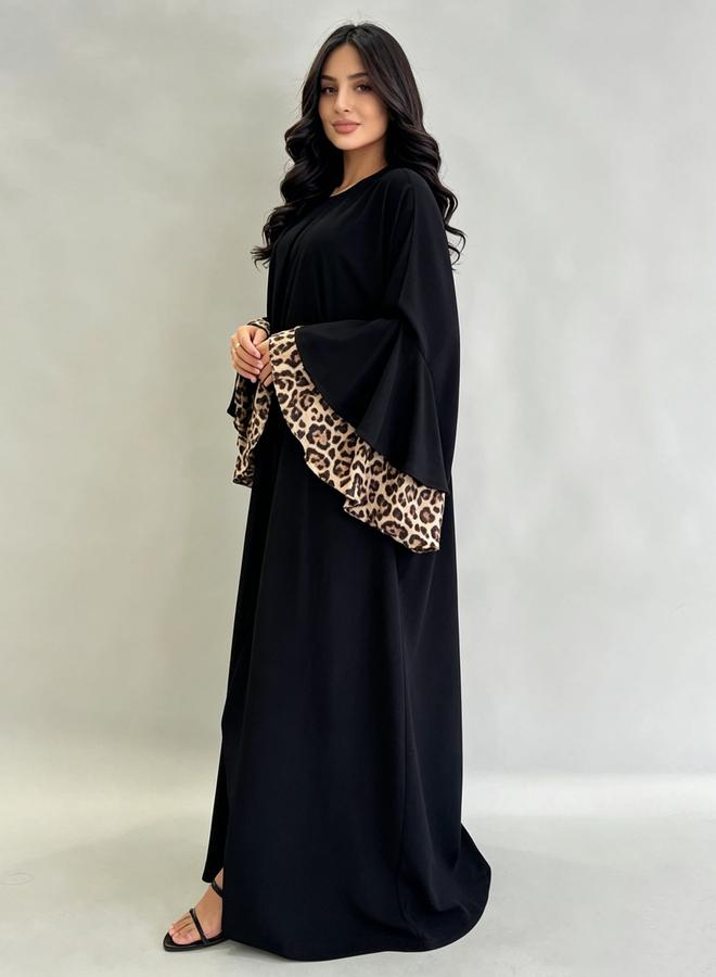Take Two Black Abaya with Leopard Cuffs - Image 1
