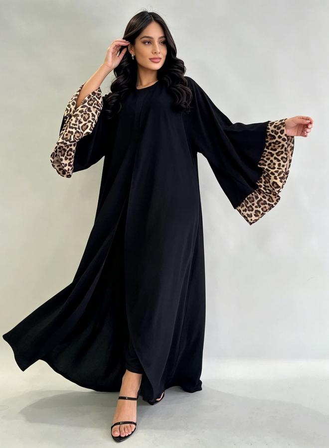 Take Two Black Abaya with Leopard Cuffs - Image 4