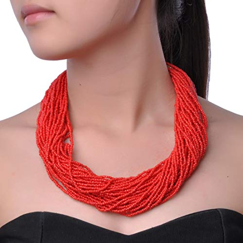 Jerollin Fashion Multilayer Beads Chain Choker Collar Cluster Strand Handmade Bib Statement Necklace Red - Image 2