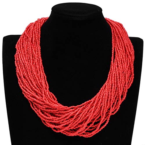 Jerollin Fashion Multilayer Beads Chain Choker Collar Cluster Strand Handmade Bib Statement Necklace Red - Image 3
