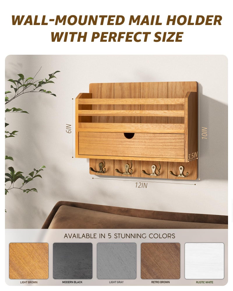 Rebee Vision Modern Farmhouse Mail Organizer with Drawer Organizer - Rustic Key and Mail Holder for Wall with 7 Key Hooks for Apartment Essentials - Aesthetic Home Decor (Light Brown) - Image 5