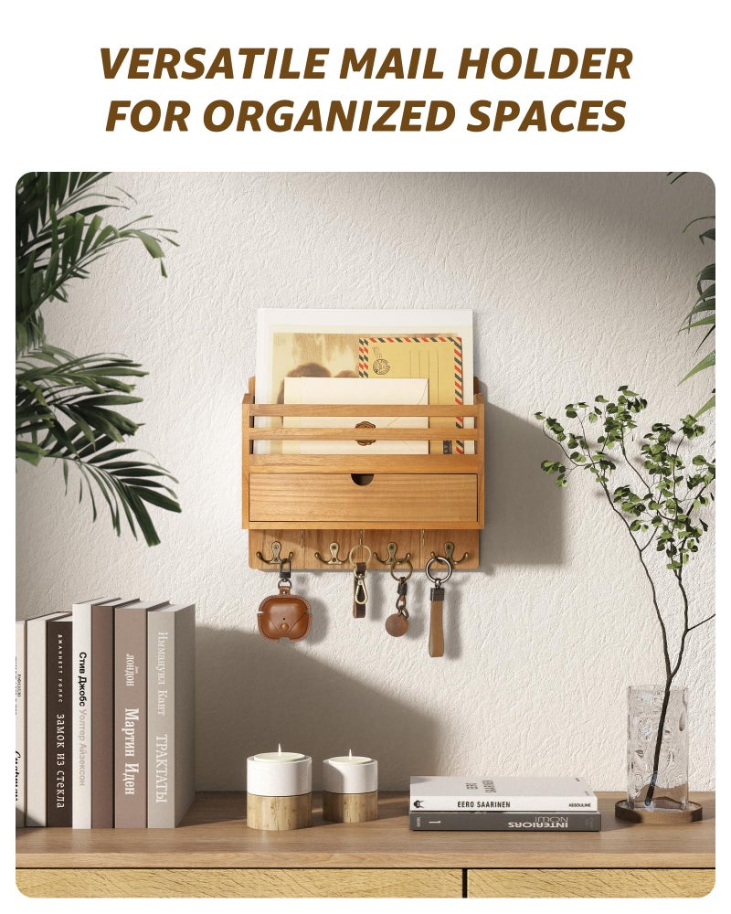 Rebee Vision Modern Farmhouse Mail Organizer with Drawer Organizer - Rustic Key and Mail Holder for Wall with 7 Key Hooks for Apartment Essentials - Aesthetic Home Decor (Light Brown) - Image 2