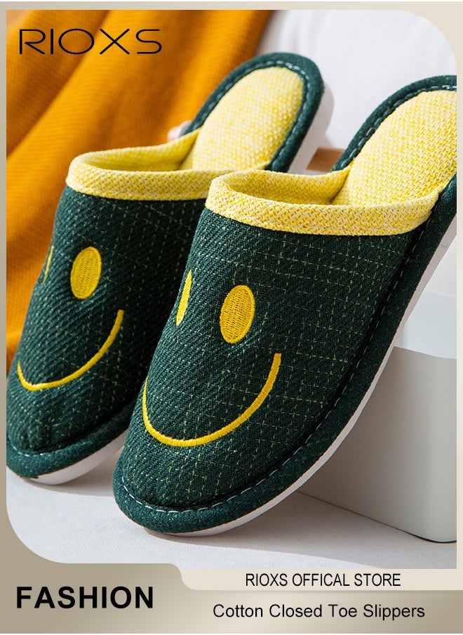 RIOXS House Slippers For Women And Men,Unisex Smile Cotton Closed Toe Slippers,Anti-Slip Flat Slippers,Comfy Casual Slippers For Bedroom/Living Room,Warm Plush Slippers Slip-on Shoes For Spring Autumn And Winter  - Image 1