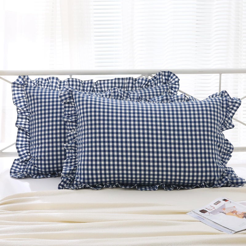 K MASANIJI K MASANIJI 2 Pack Navy Blue White Plaid Ruffle Pillow Shams Standard Size 20x26 inches  100% Cotton Gingham Checkered Farmhouse Shabby Pillowcases for Bed/Sofa (20x26 inches  Navy Blue/White Plaid)  - Image 1