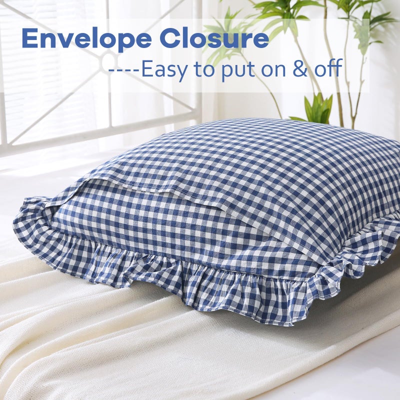 K MASANIJI K MASANIJI 2 Pack Navy Blue White Plaid Ruffle Pillow Shams Standard Size 20x26 inches  100% Cotton Gingham Checkered Farmhouse Shabby Pillowcases for Bed/Sofa (20x26 inches  Navy Blue/White Plaid)  - Image 4