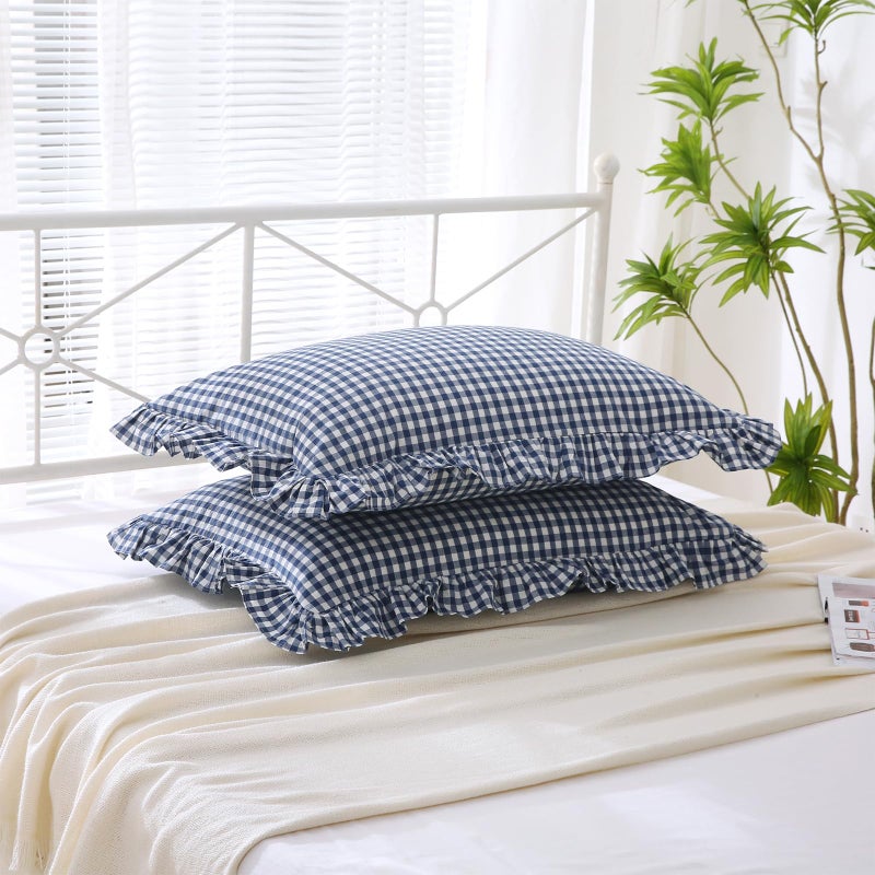 K MASANIJI K MASANIJI 2 Pack Navy Blue White Plaid Ruffle Pillow Shams Standard Size 20x26 inches  100% Cotton Gingham Checkered Farmhouse Shabby Pillowcases for Bed/Sofa (20x26 inches  Navy Blue/White Plaid)  - Image 3