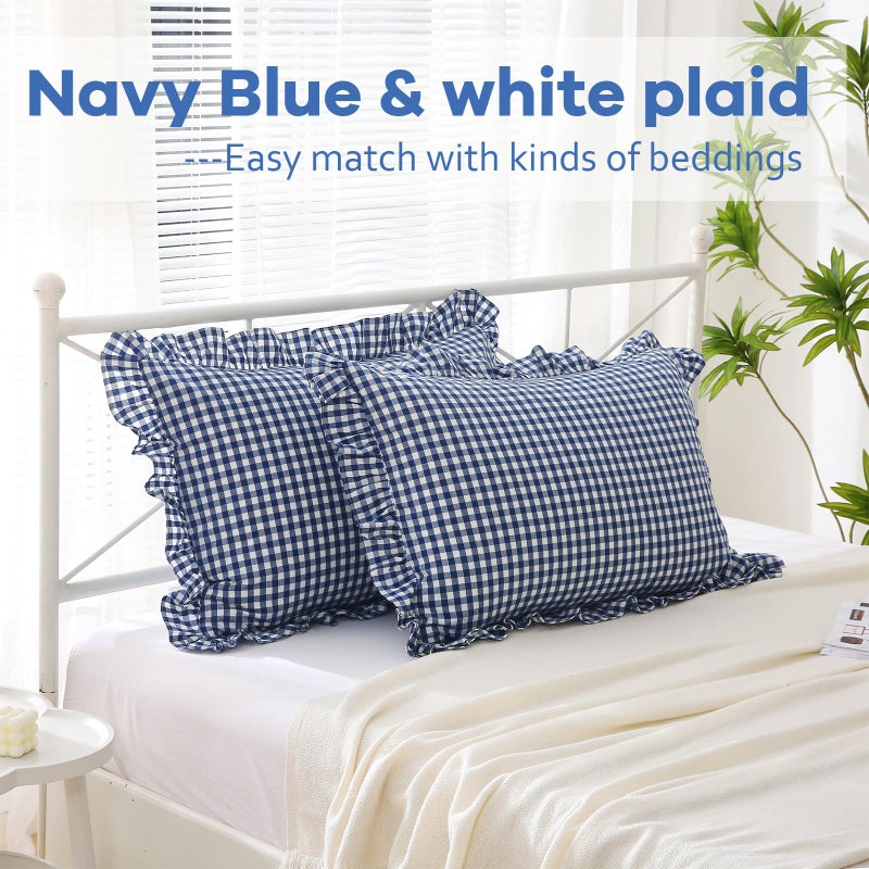 K MASANIJI K MASANIJI 2 Pack Navy Blue White Plaid Ruffle Pillow Shams Standard Size 20x26 inches  100% Cotton Gingham Checkered Farmhouse Shabby Pillowcases for Bed/Sofa (20x26 inches  Navy Blue/White Plaid)  - Image 2