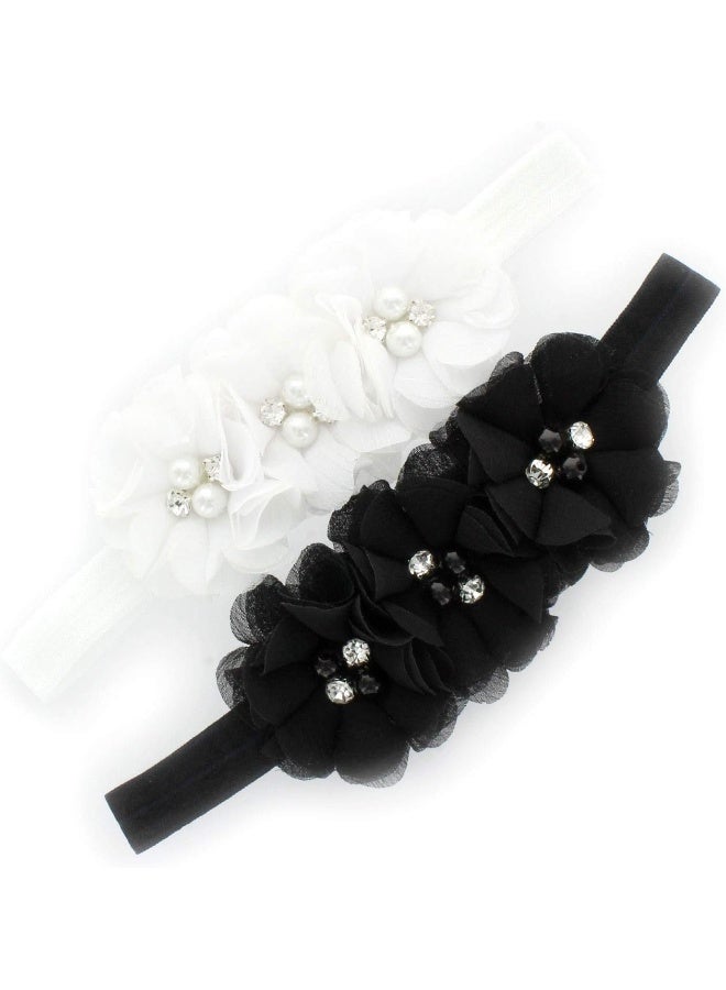 My Lello Girls Flower Headbands Toddler Fabric Beaded Trio Stretchy Elastic Pair (White/Black) - Image 1