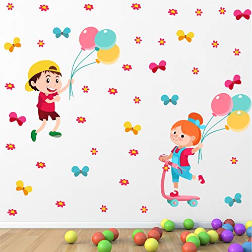 StickMe 'Kids - Playing - Balloon - Flower - Butterfly - Baby - Learning Education Nursery Pre School Kinder Garden Wall Sticker' -SM718 (Multi Colour, Vinyl - 110cm X 100 cm) - Image 1