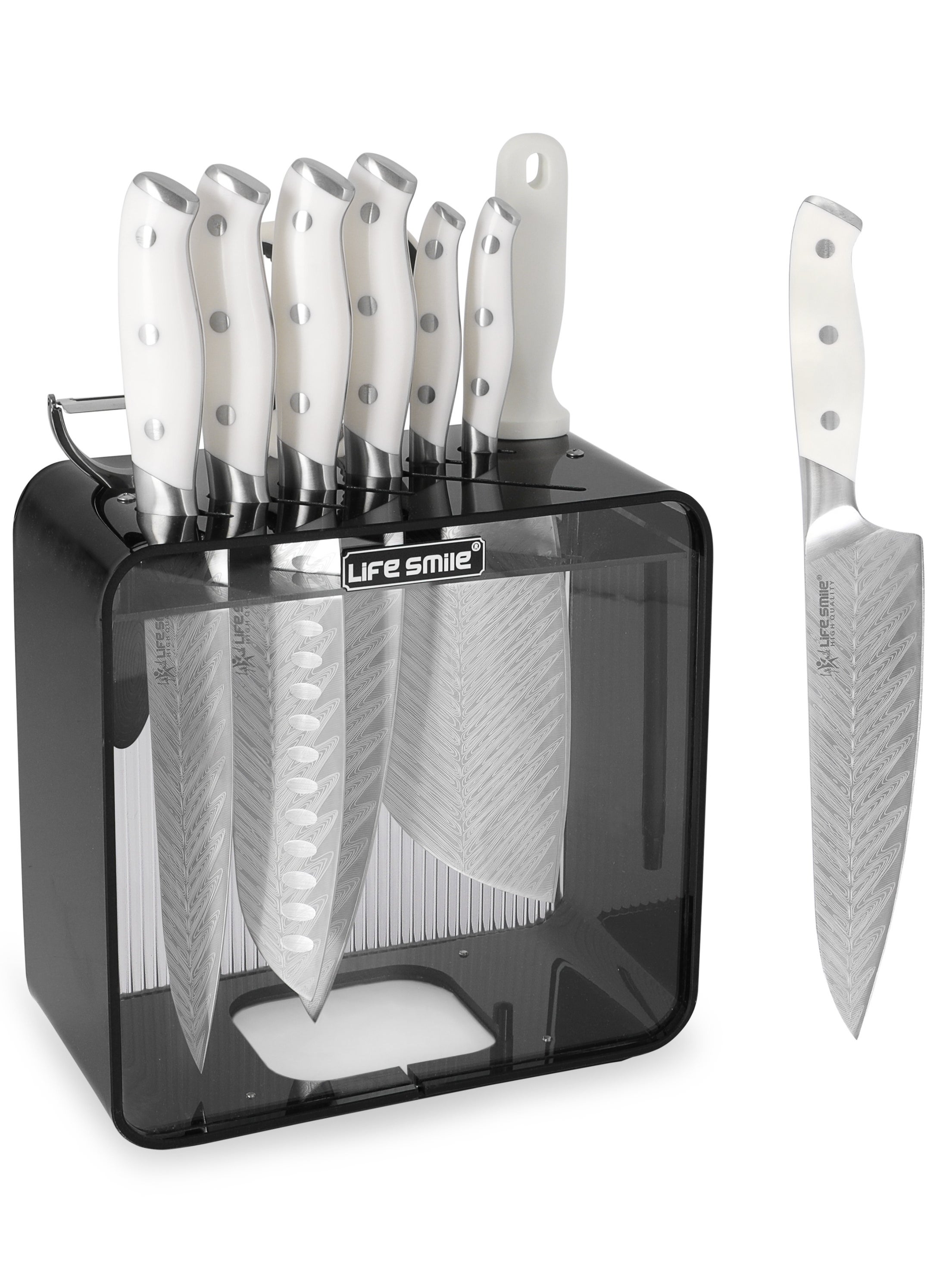 Life Smile Premium Quality Hig Carbon Stainlesss Steel 10-Piece Knife Set with Block, Razor-Sharp, German Engineered Knives Set Include Cleaver, Chef, Santoku, Slicer, Utility Knife, Paring Knife and Kitchen Scissor, Durable and Strong 