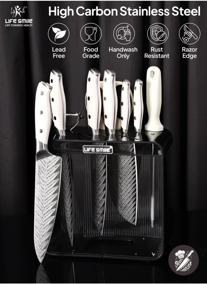 Life Smile Premium Quality Hig Carbon Stainlesss Steel 10-Piece Knife Set with Block, Razor-Sharp, German Engineered Knives Set Include Cleaver, Chef, Santoku, Slicer, Utility Knife, Paring Knife and Kitchen Scissor, Durable and Strong  - Image 2