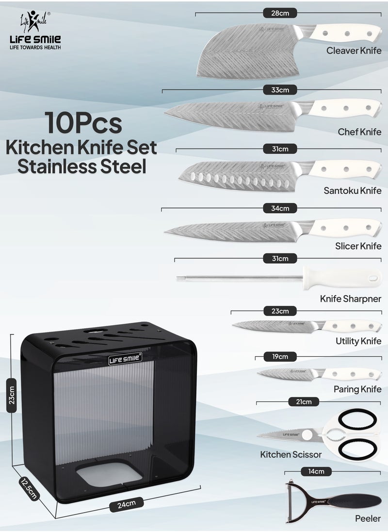 Life Smile Premium Quality Hig Carbon Stainlesss Steel 10-Piece Knife Set with Block, Razor-Sharp, German Engineered Knives Set Include Cleaver, Chef, Santoku, Slicer, Utility Knife, Paring Knife and Kitchen Scissor, Durable and Strong  - Image 3
