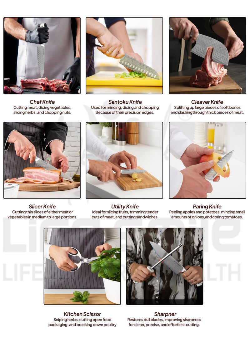 Life Smile Premium Quality Hig Carbon Stainlesss Steel 10-Piece Knife Set with Block, Razor-Sharp, German Engineered Knives Set Include Cleaver, Chef, Santoku, Slicer, Utility Knife, Paring Knife and Kitchen Scissor, Durable and Strong  - Image 4