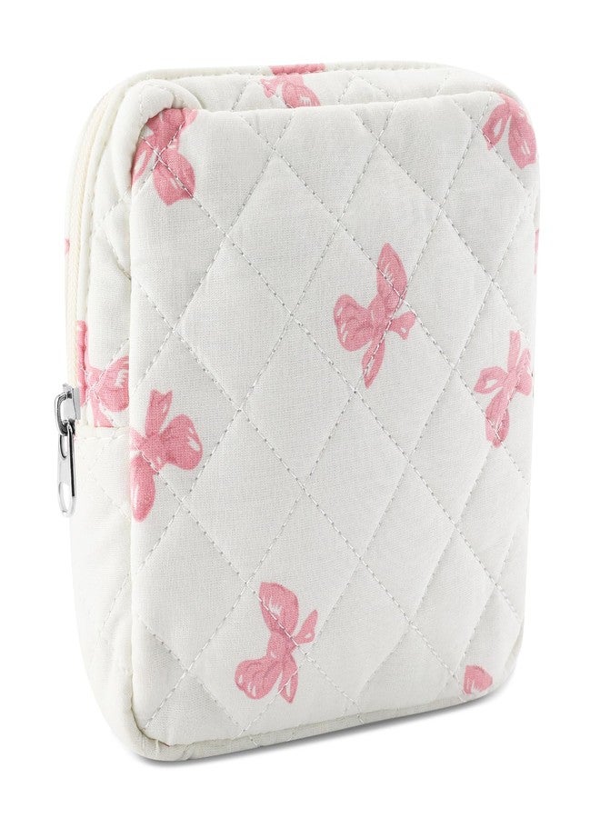 Tmtains Small Quilted Cotton Makeup Bag for Purse Mini Cosmetic Period Bag for Women Cute Pink Bow Makeup Sanitary Pouch Portable Travel Toiletry Bags with Zipper Christmas Birthday Gifts - Image 1