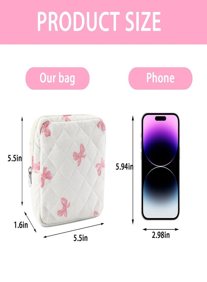 Tmtains Small Quilted Cotton Makeup Bag for Purse Mini Cosmetic Period Bag for Women Cute Pink Bow Makeup Sanitary Pouch Portable Travel Toiletry Bags with Zipper Christmas Birthday Gifts - Image 3