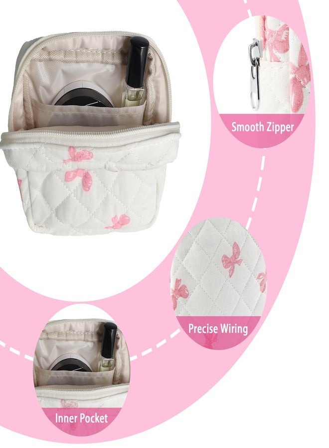 Tmtains Small Quilted Cotton Makeup Bag for Purse Mini Cosmetic Period Bag for Women Cute Pink Bow Makeup Sanitary Pouch Portable Travel Toiletry Bags with Zipper Christmas Birthday Gifts - Image 4