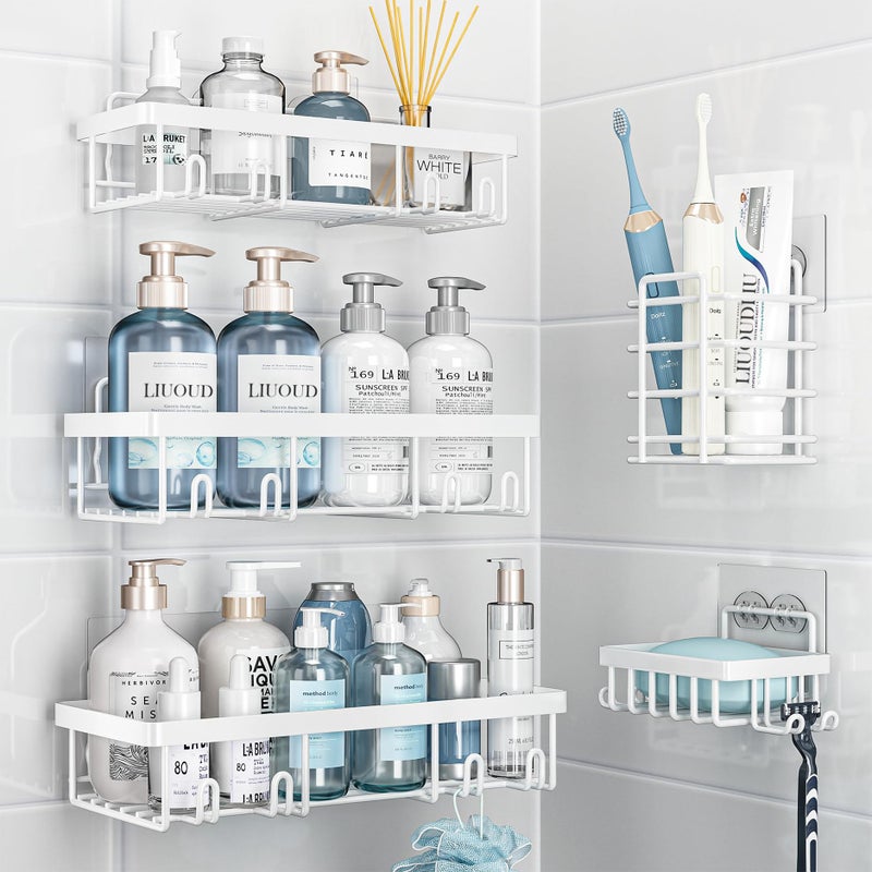 Liuoud 5 Pack Shower Caddy Organizer Rack Shelf for Inside Shower, Self Adhesive Wall Storage Basket Rustproof Stainless Steel Shampoo Holder Bathroom Accessory Decor Set, White - Image 1