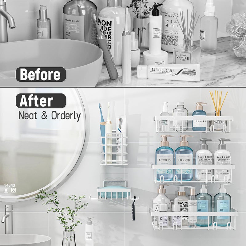 Liuoud 5 Pack Shower Caddy Organizer Rack Shelf for Inside Shower, Self Adhesive Wall Storage Basket Rustproof Stainless Steel Shampoo Holder Bathroom Accessory Decor Set, White - Image 5