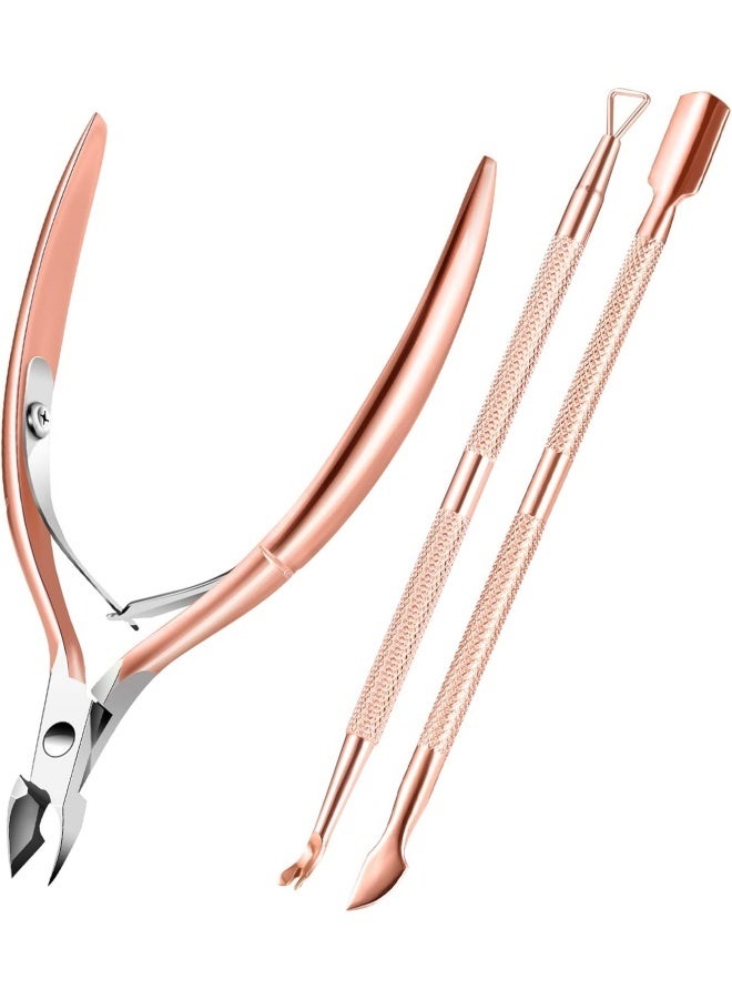 Cuticle Trimmer Cuticle Remover with Cuticle Pusher, Professional Stainless Steel Durable Pedicure Manicure Tools Cutter Nipper Scissor Clipper for Fingernails and Toenails Rose Gold - Image 1