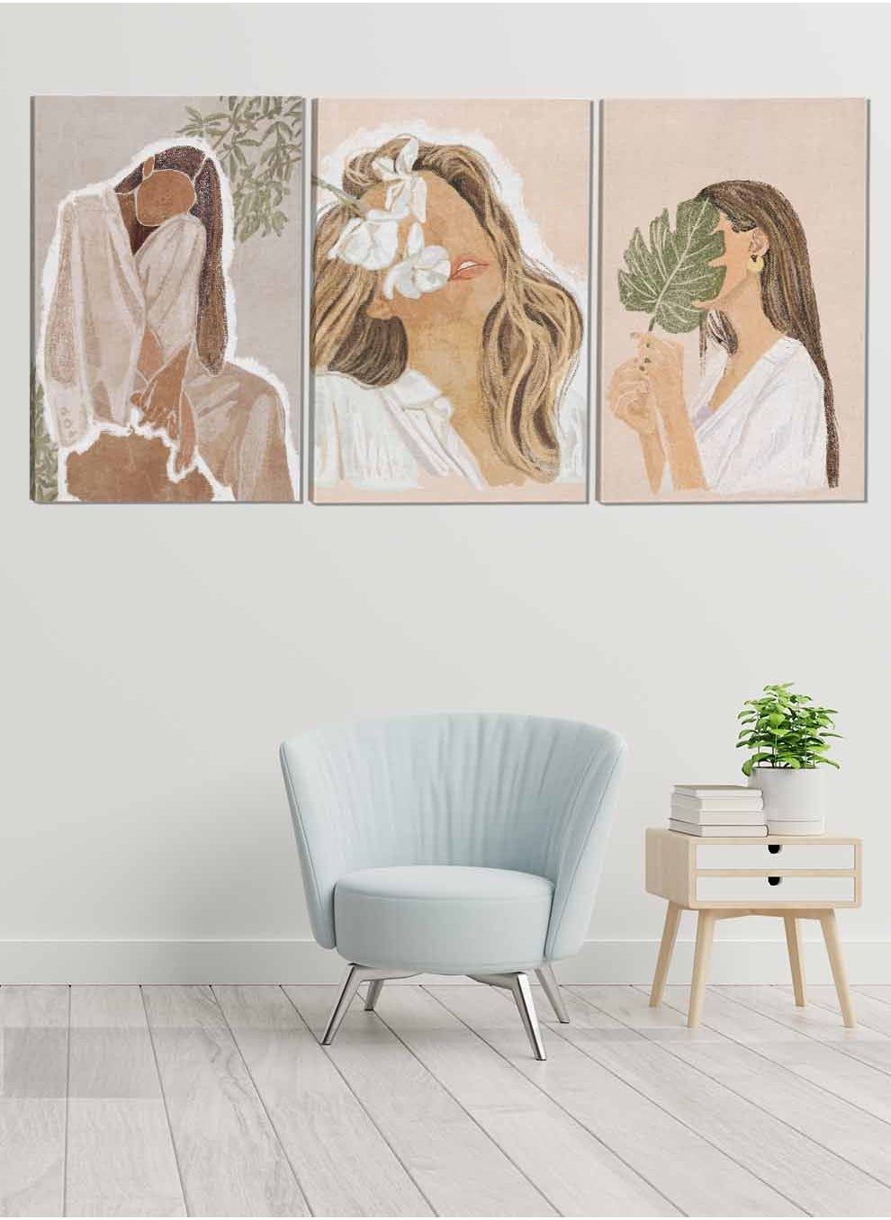 Set Of 3 Framed Canvas Wall Arts Stretched Over Wooden Frame Beautiful Girl Abstract Paintings For Home Living Room Office Decor 