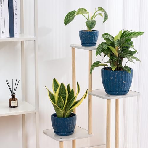 STHIE 4/5/6 Inches Ceramic Plant Pots with Drainage Holes and Saucers, Round Flower Pots for Indoor Plant, Modern Flower Planters Set of 3 (Blue with Dot-Big Size) - Image 5