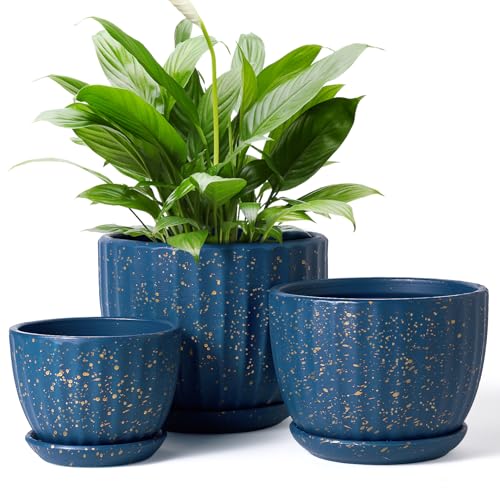 STHIE 4/5/6 Inches Ceramic Plant Pots with Drainage Holes and Saucers, Round Flower Pots for Indoor Plant, Modern Flower Planters Set of 3 (Blue with Dot-Big Size) - Image 1